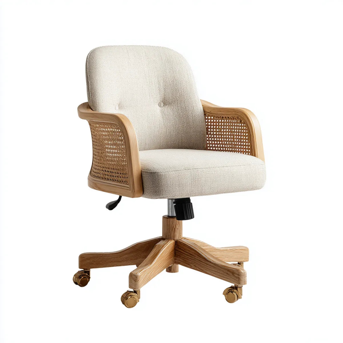 Sedia da ufficio girevole beige con braccioli in rattan legno massello e poliestere 68 x 67 x 88-98 cm