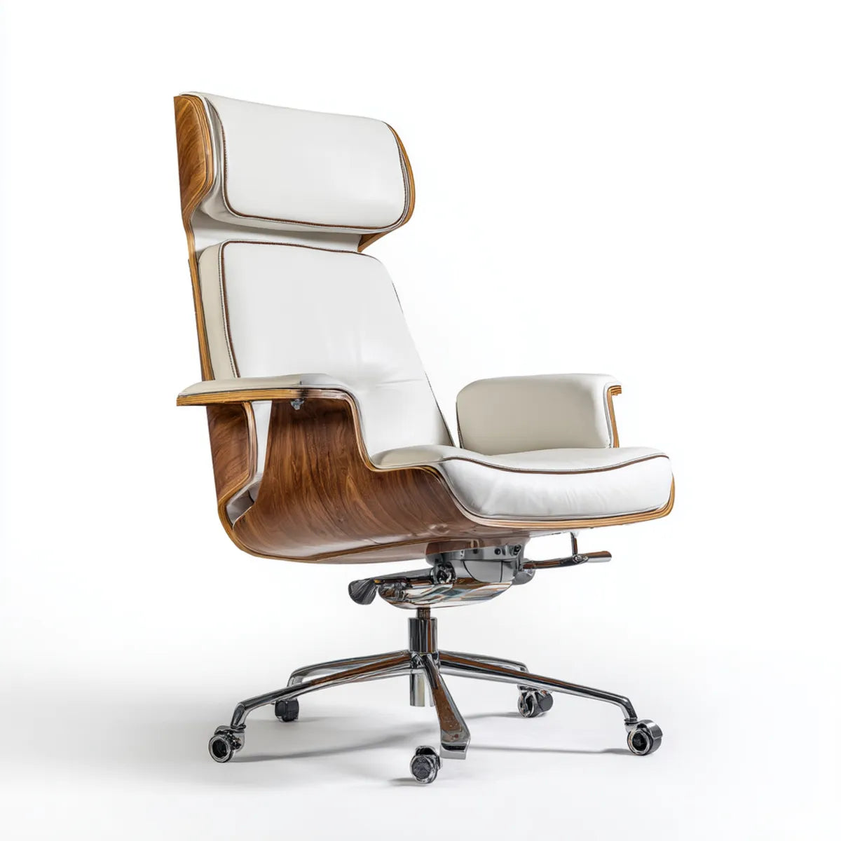 Sedia direzionale da ufficio reclinabile bianca e noce 68 x 68 x 118-126 cm in PU e multistrato curvato con poggiatesta