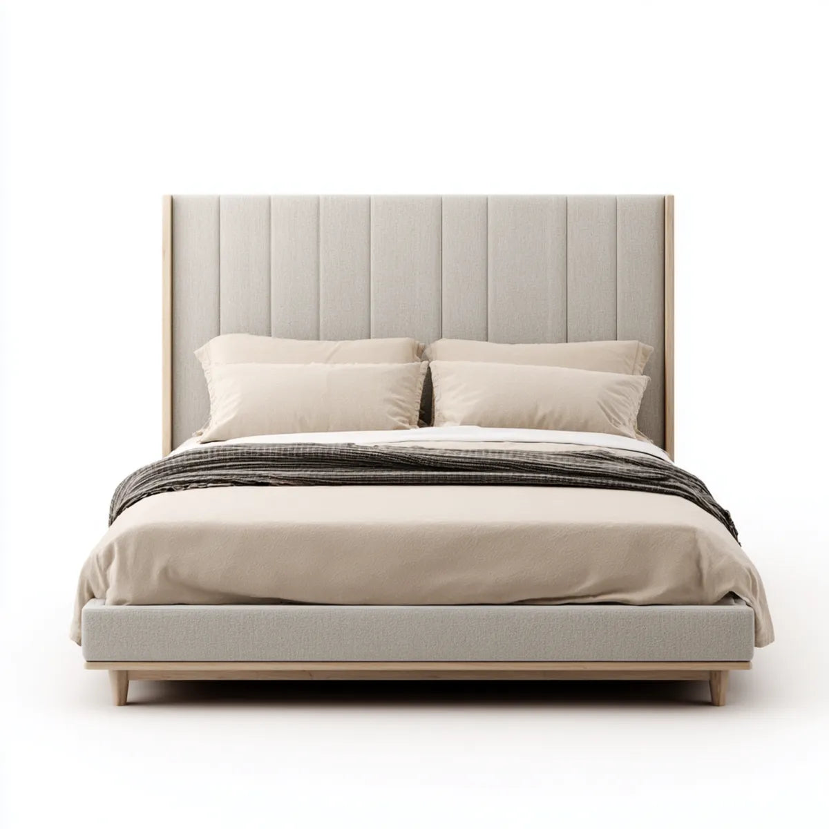 Letto matrimoniale imbottito beige 180 x 200 cm con testiera alta in poliestere e struttura in legno massello