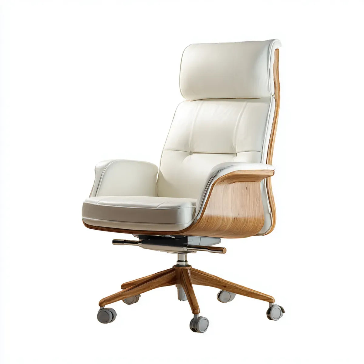 Sedia da ufficio direzionale girevole bianco e naturale 68 x 65 x 120-130 cm in poliuretano e multistrato impiallacciato con schienale alto