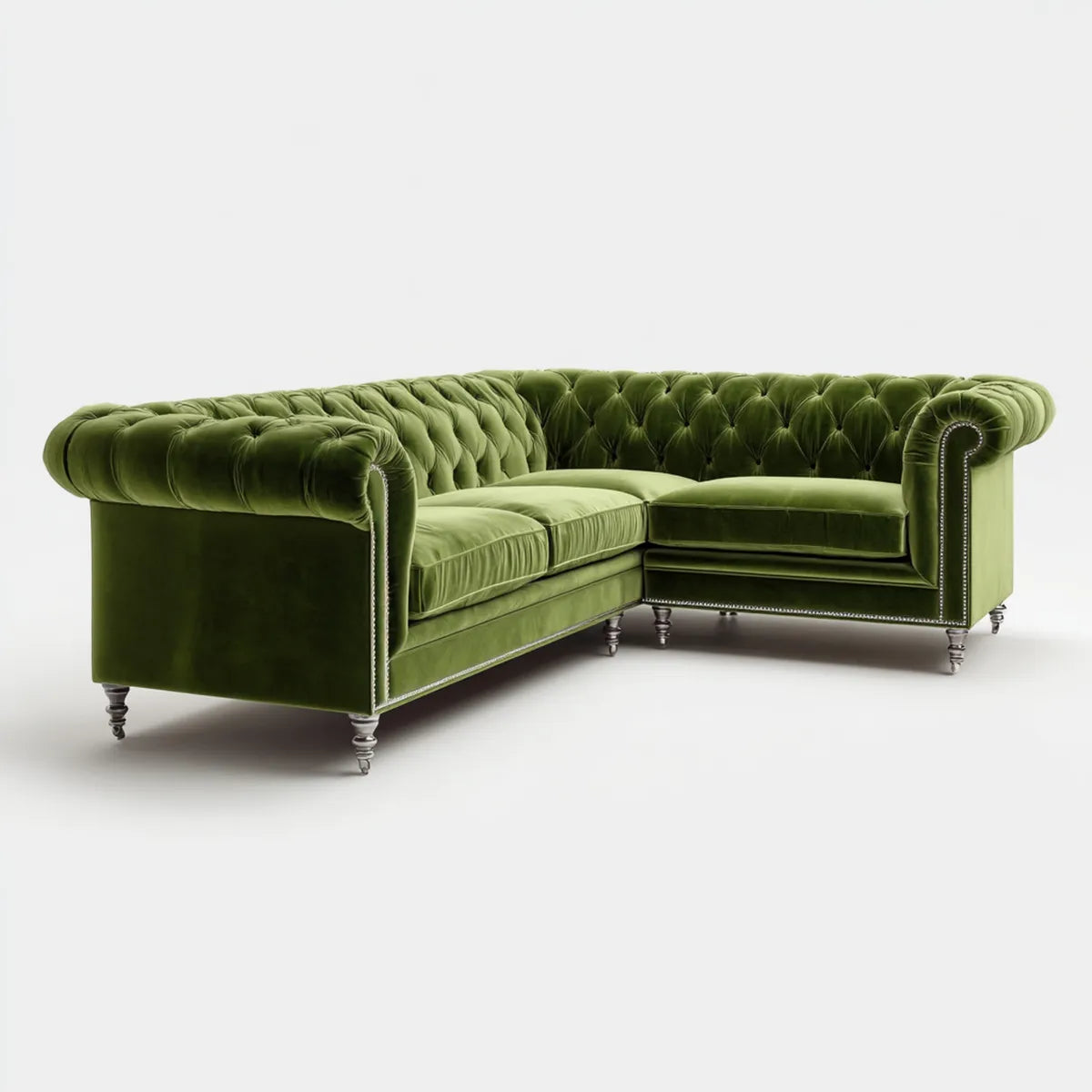 Divano angolare Chesterfield 5 posti verde in velluto di poliestere 280 x 220 x 78 cm