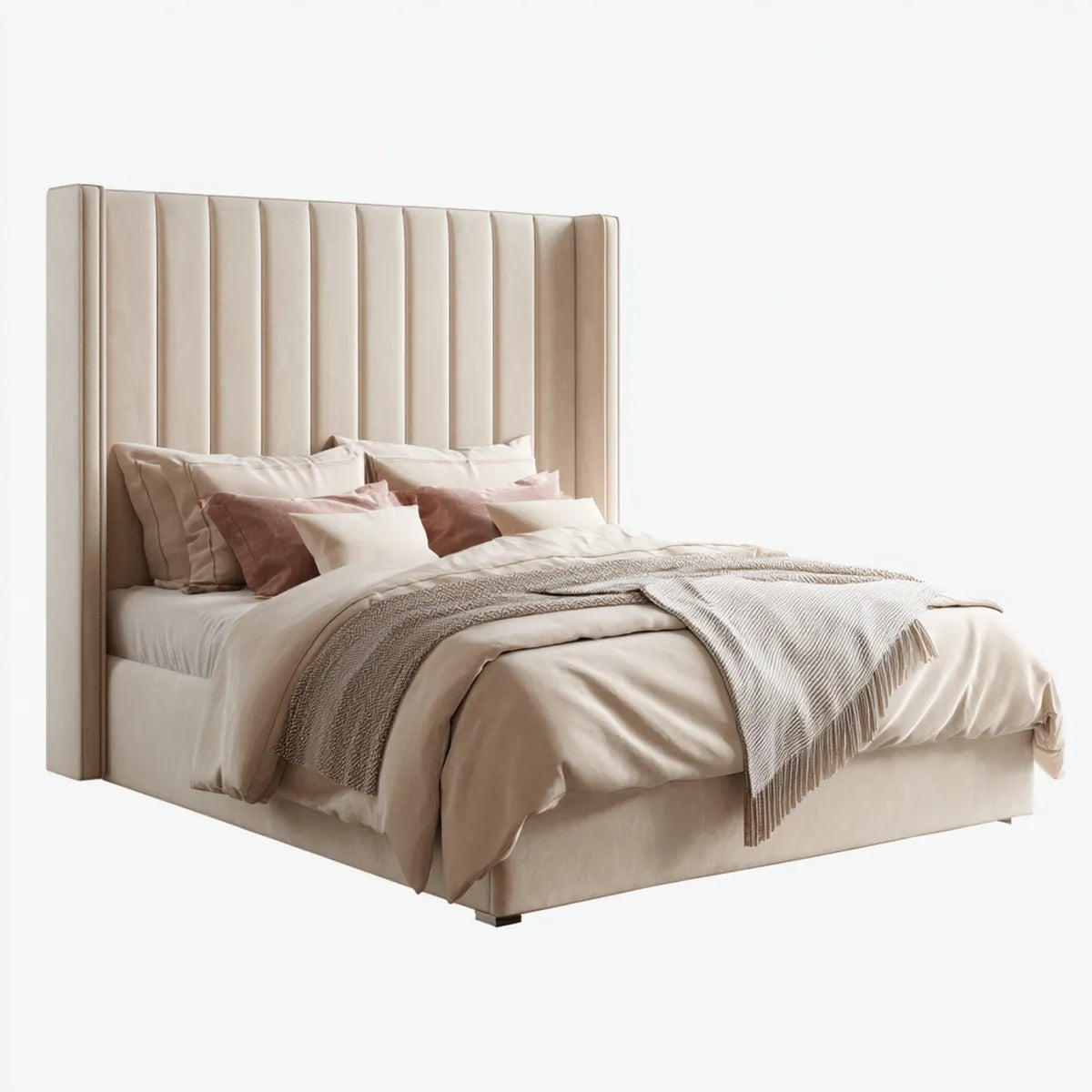 Letto matrimoniale imbottito beige 180 x 200 cm in velluto di poliestere con testiera alta rettangolare