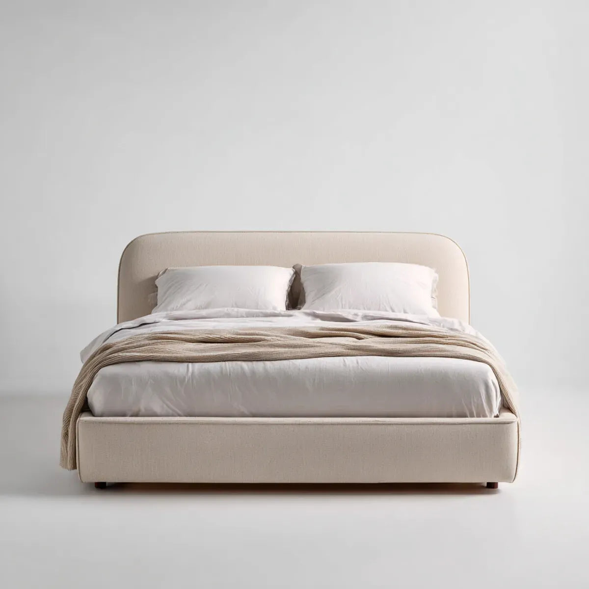 Letto matrimoniale imbottito beige 160 x 200 cm in poliestere con testiera arrotondata